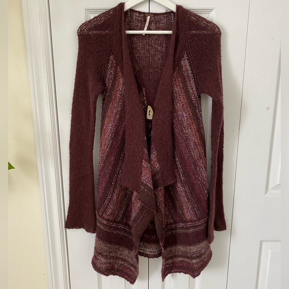 Free People Vintage striped waterfall long cardigan duster maroon large button